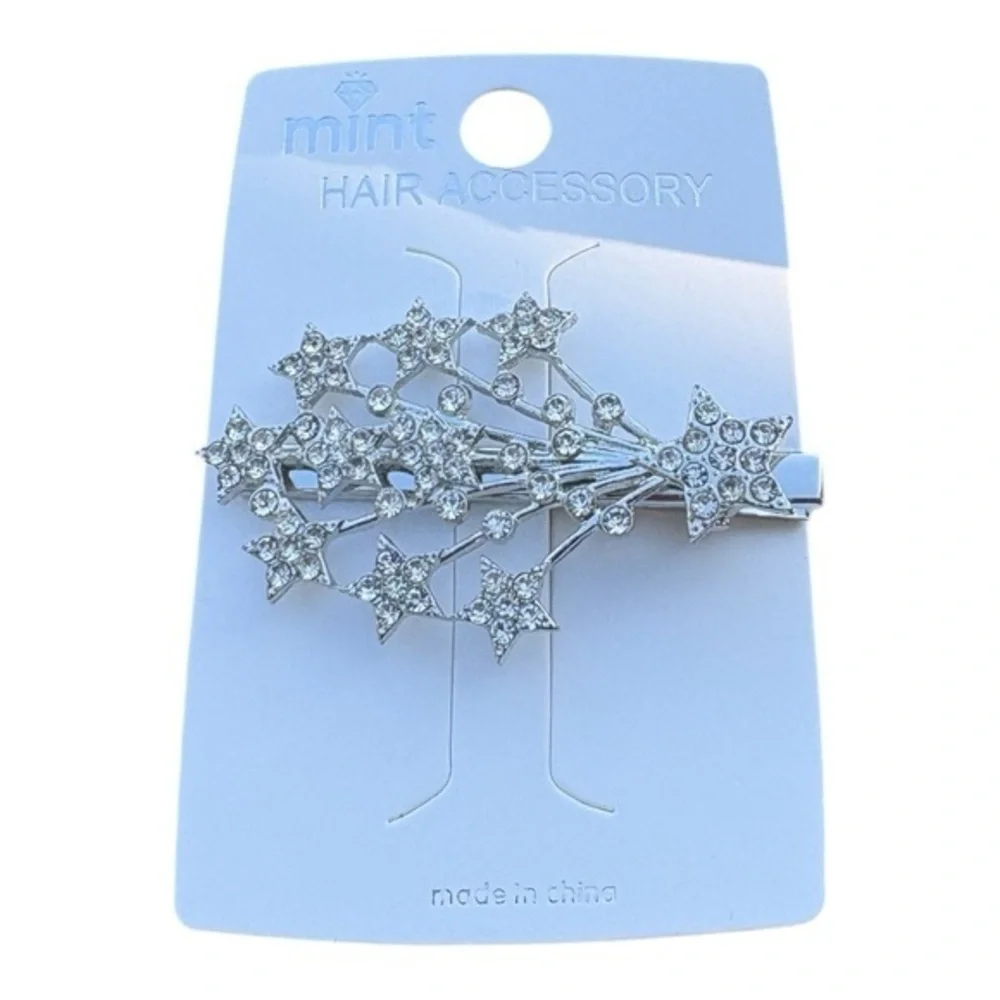 3/$25 Mint Silver Sparkling Starburst Hair Accessory Stars Clip Barette